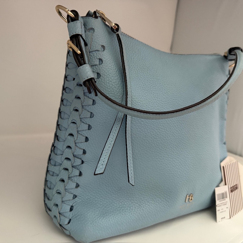 Henri Bendel Chambray Blue Hobo Bag Whipstitch Accent Zip Closure Gold Hardware - Picture 3 of 10